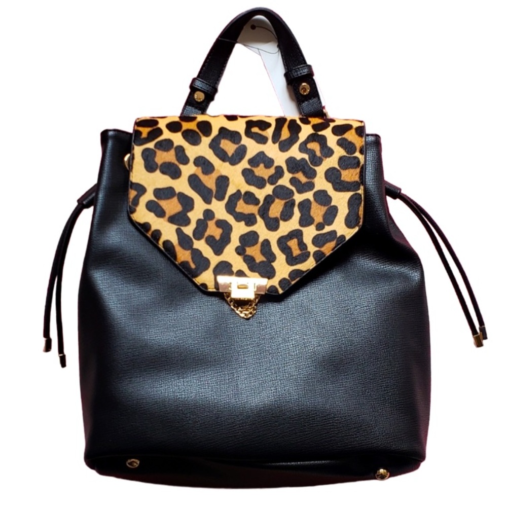 Dune London Backpack Black with Calf Hair Leopard NWT